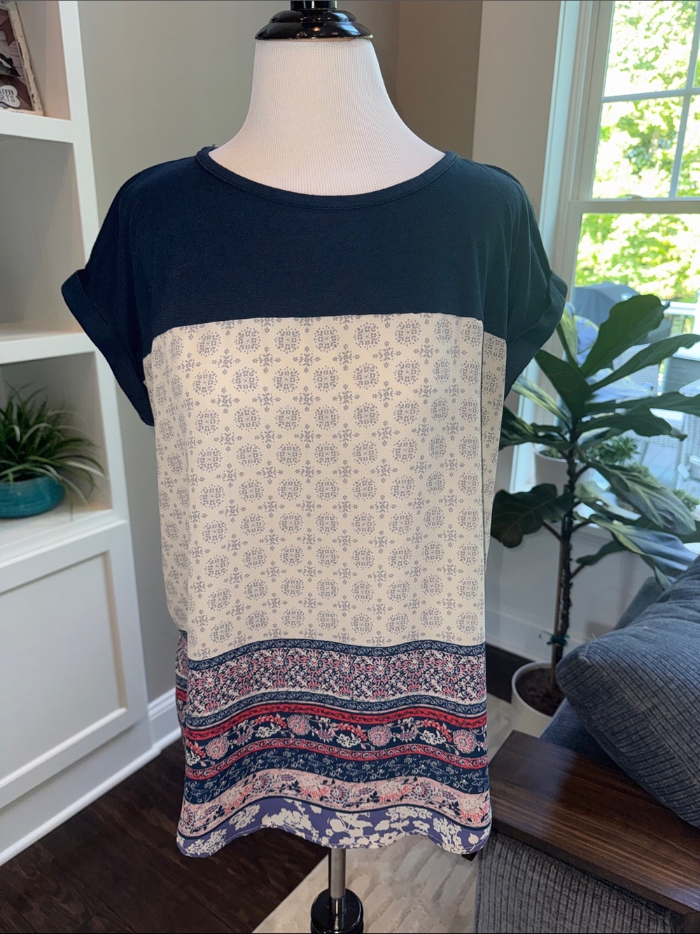 Rewind Navy, Cream & Pink Short Sleeve Printed Top